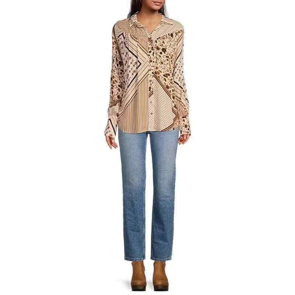 Free People Hazel Patchwork Button Down Blouse Sm… - image 2